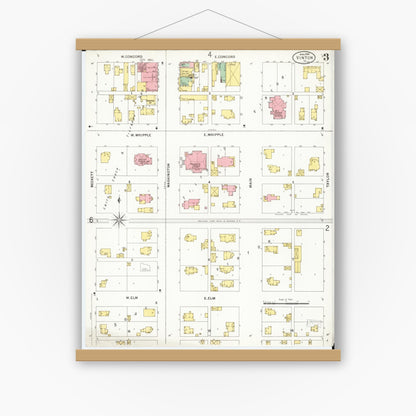 Old map wall art mockup — magnetic wood frame on white wall — Sanborn Fire Insurance Map from Vinton, Benton County, Iowa (1899), Sheet #0003