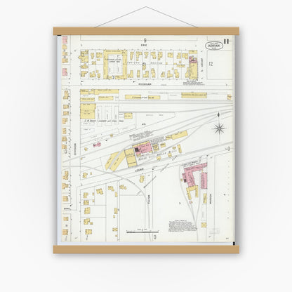 Old map wall art mockup — magnetic wood frame on white wall — Sanborn Fire Insurance Map from Adrian, Lenawee County, Michigan (1899), Sheet #0011