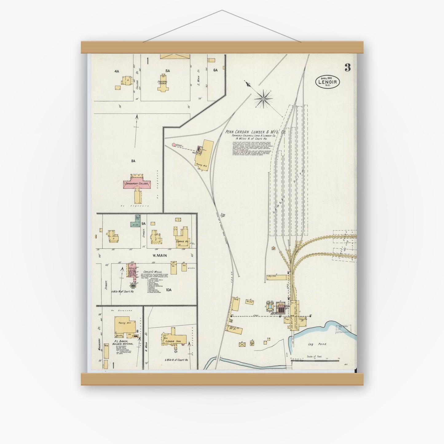 Old map wall art mockup — magnetic wood frame on white wall — Sanborn Fire Insurance Map from Lenoir, Caldwell County, North Carolina (1902), Sheet #0003