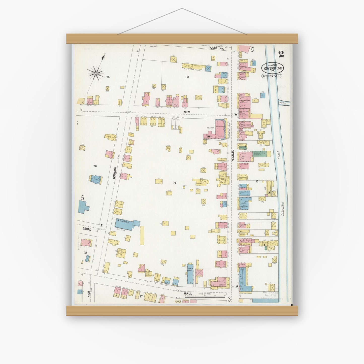 Old map wall art mockup — magnetic wood frame on white wall — Sanborn Fire Insurance Map from Royersford, Montgomery County, Pennsylvania (1902), Sheet #0002