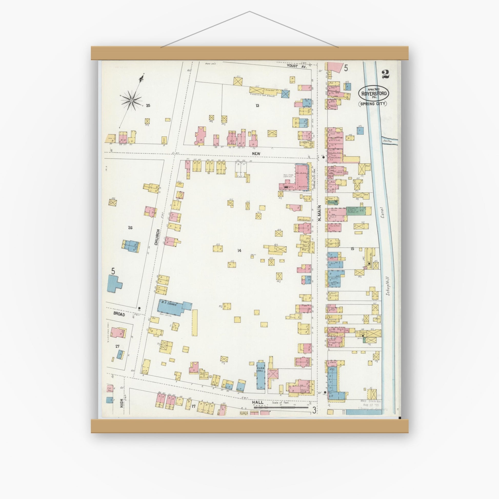 Old map wall art mockup — magnetic wood frame on white wall — Sanborn Fire Insurance Map from Royersford, Montgomery County, Pennsylvania (1902), Sheet #0002