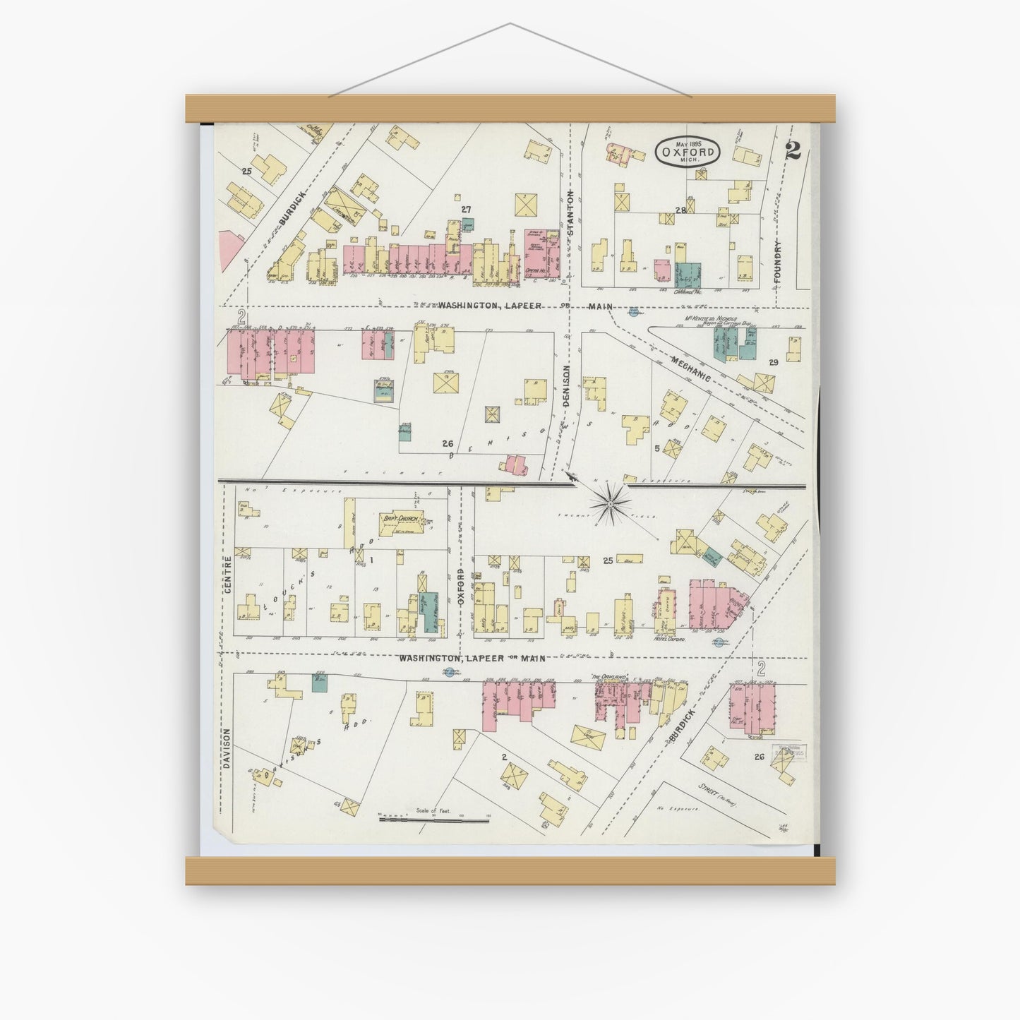 Old map wall art mockup — magnetic wood frame on white wall — Sanborn Fire Insurance Map from Oxford, Oakland County, Michigan (1895), Sheet #0002