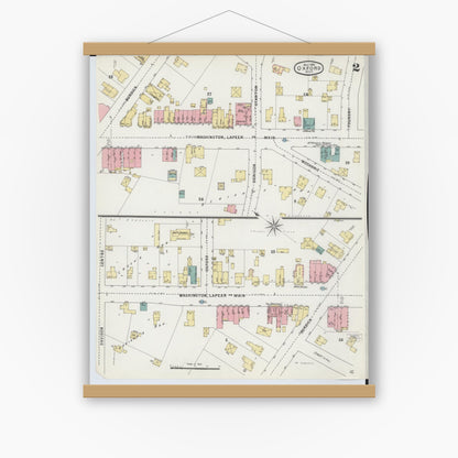 Old map wall art mockup — magnetic wood frame on white wall — Sanborn Fire Insurance Map from Oxford, Oakland County, Michigan (1895), Sheet #0002