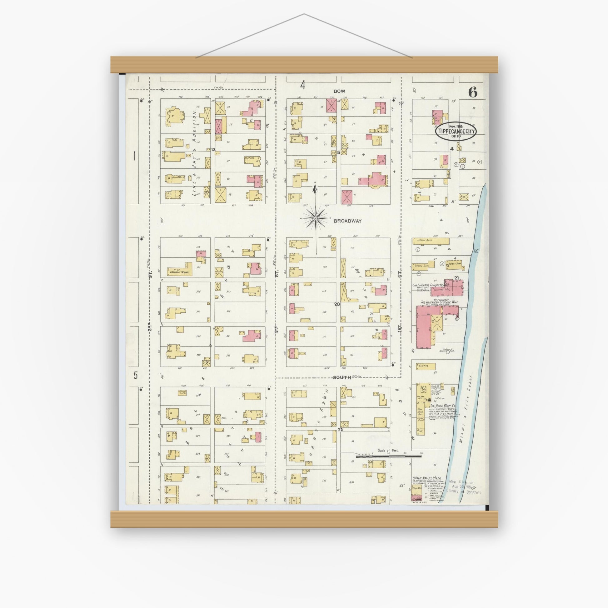 Old map wall art mockup — magnetic wood frame on white wall — Sanborn Fire Insurance Map from Tipp City, Miami County, Ohio (1905), Sheet #0006