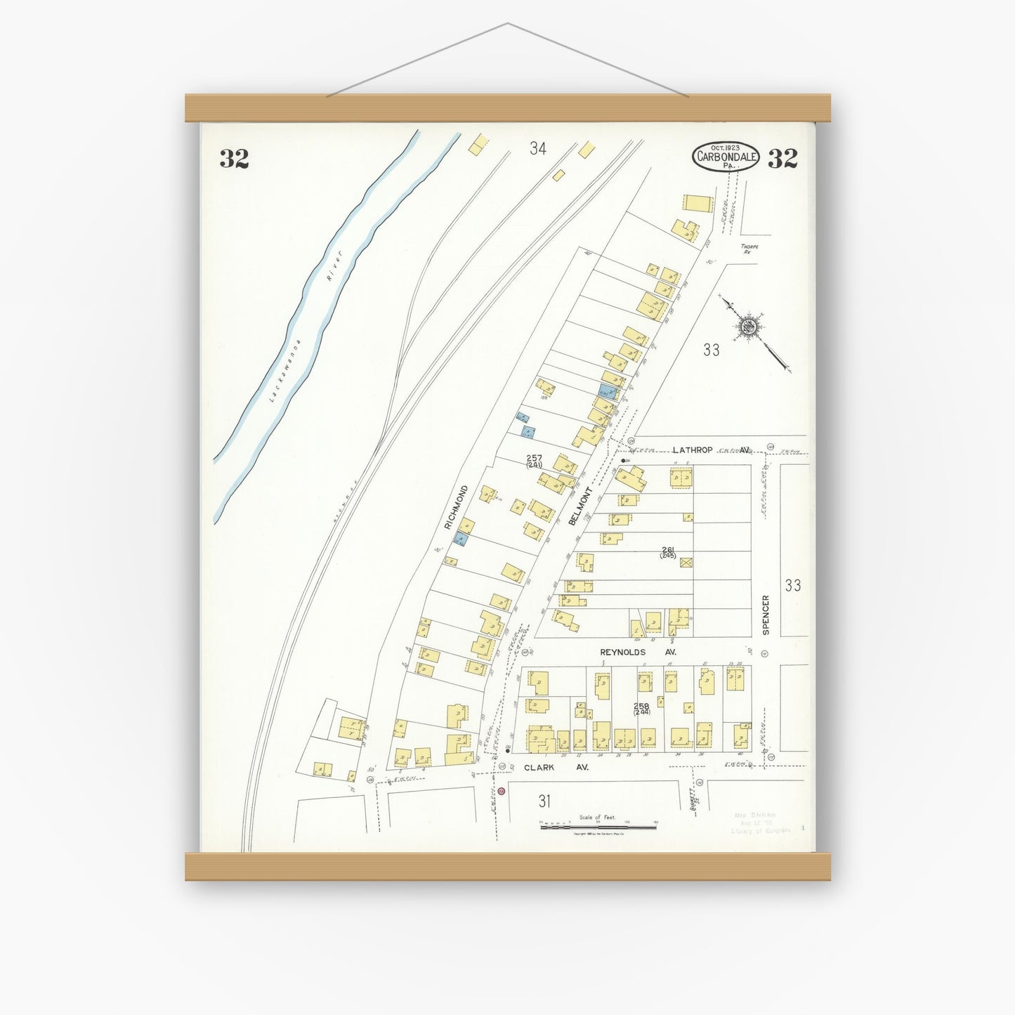 Old map wall art mockup — magnetic wood frame on white wall — Sanborn Fire Insurance Map from Carbondale, Lackawanna County, Pennsylvania (1923), Sheet #0032