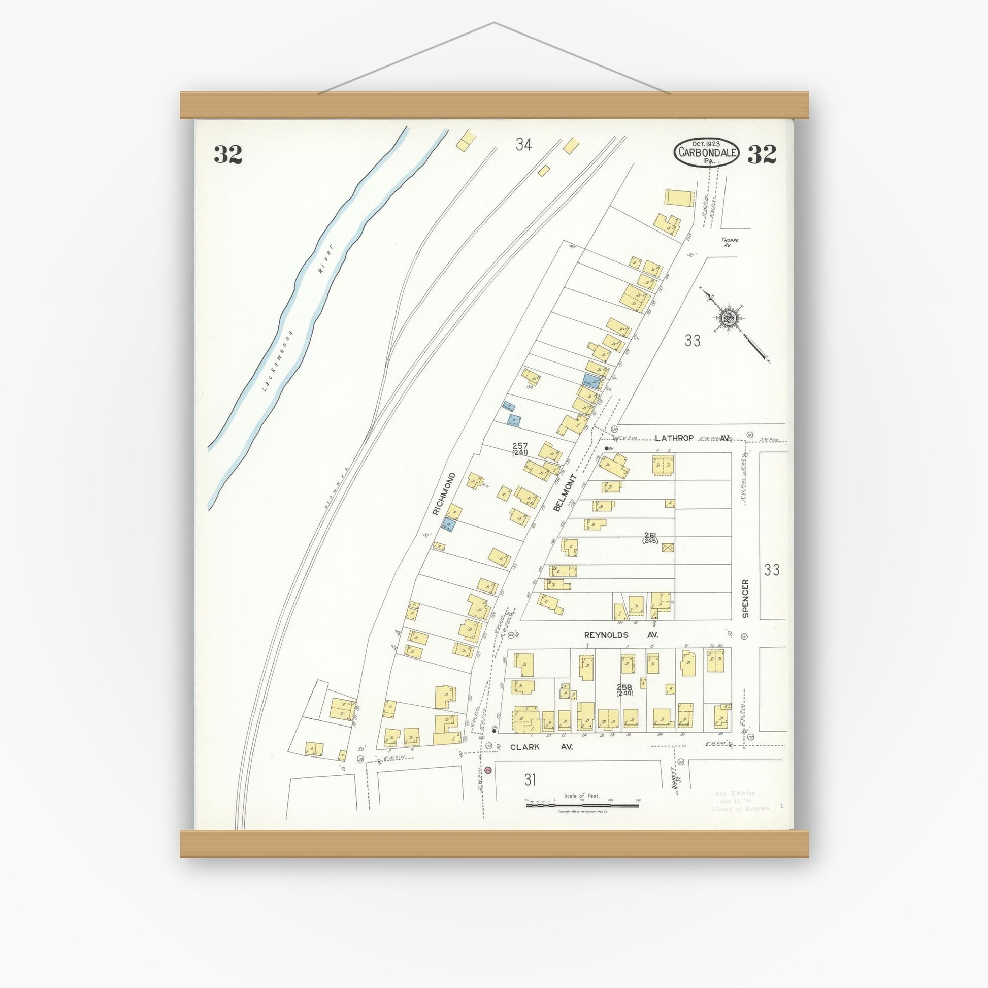 Old map wall art mockup — magnetic wood frame on white wall — Sanborn Fire Insurance Map from Carbondale, Lackawanna County, Pennsylvania (1923), Sheet #0032