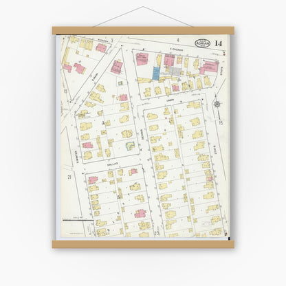 Old map wall art mockup — magnetic wood frame on white wall — Sanborn Fire Insurance Map from Adrian, Lenawee County, Michigan (1916), Sheet #0014