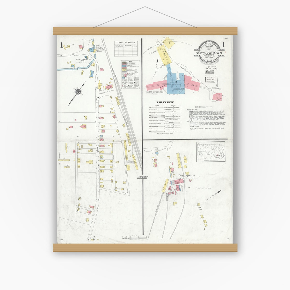 Old map wall art mockup — magnetic wood frame on white wall — Sanborn Fire Insurance Map from Newmanstown, Lebanon County, Pennsylvania (1934), Sheet #0001