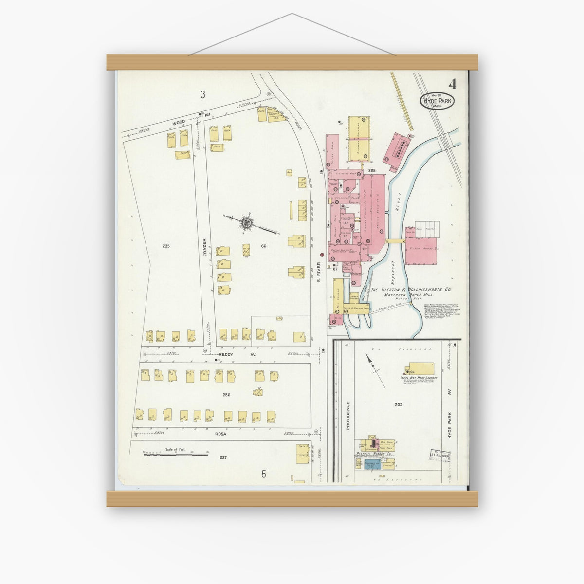 Old map wall art mockup — magnetic wood frame on white wall — Sanborn Fire Insurance Map from Hyde Park, Norfolk County, Massachusetts (1911), Sheet #0004