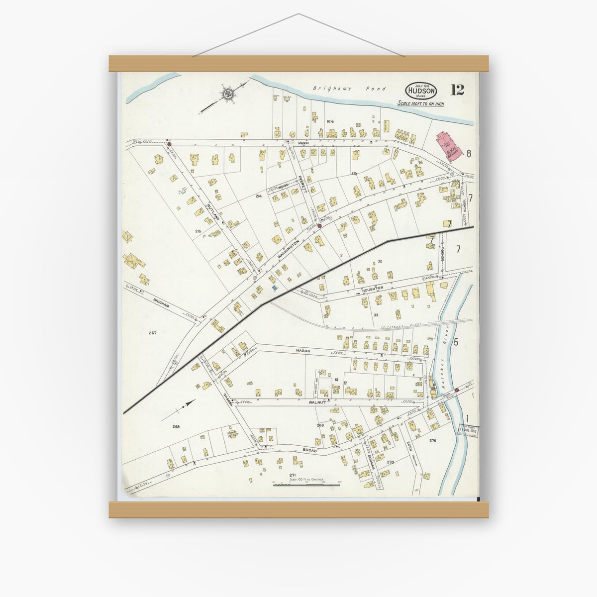 Old map wall art mockup — magnetic wood frame on white wall — Sanborn Fire Insurance Map from Hudson, Middlesex County, Massachusetts (1916), Sheet #0012