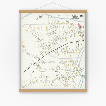Old map wall art mockup — magnetic wood frame on white wall — Sanborn Fire Insurance Map from Hudson, Middlesex County, Massachusetts (1916), Sheet #0012