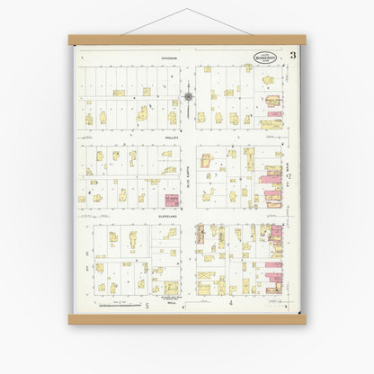 Old map wall art mockup — magnetic wood frame on white wall — Sanborn Fire Insurance Map from Winnebago, Faribault County, Minnesota (1911), Sheet #0003