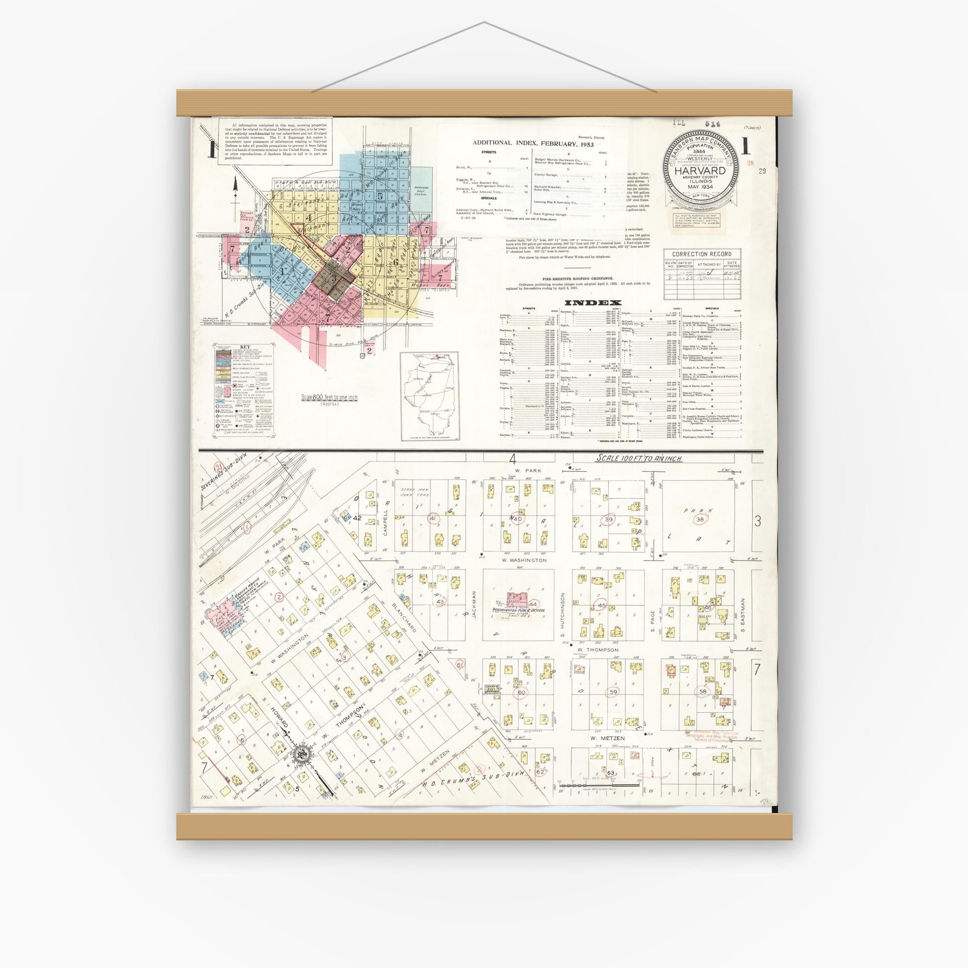 Old map wall art mockup — magnetic wood frame on white wall — Sanborn Fire Insurance Map from Harvard, McHenry County, Illinois (1953), Sheet #0001