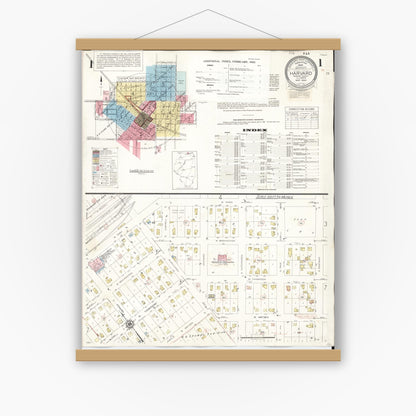 Old map wall art mockup — magnetic wood frame on white wall — Sanborn Fire Insurance Map from Harvard, McHenry County, Illinois (1953), Sheet #0001