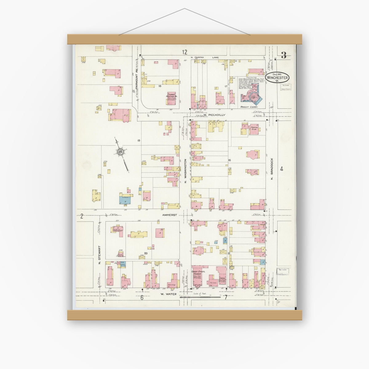 Old map wall art mockup — magnetic wood frame on white wall — Sanborn Fire Insurance Map from Winchester, Independent Cities, Virginia (1912), Sheet #0003