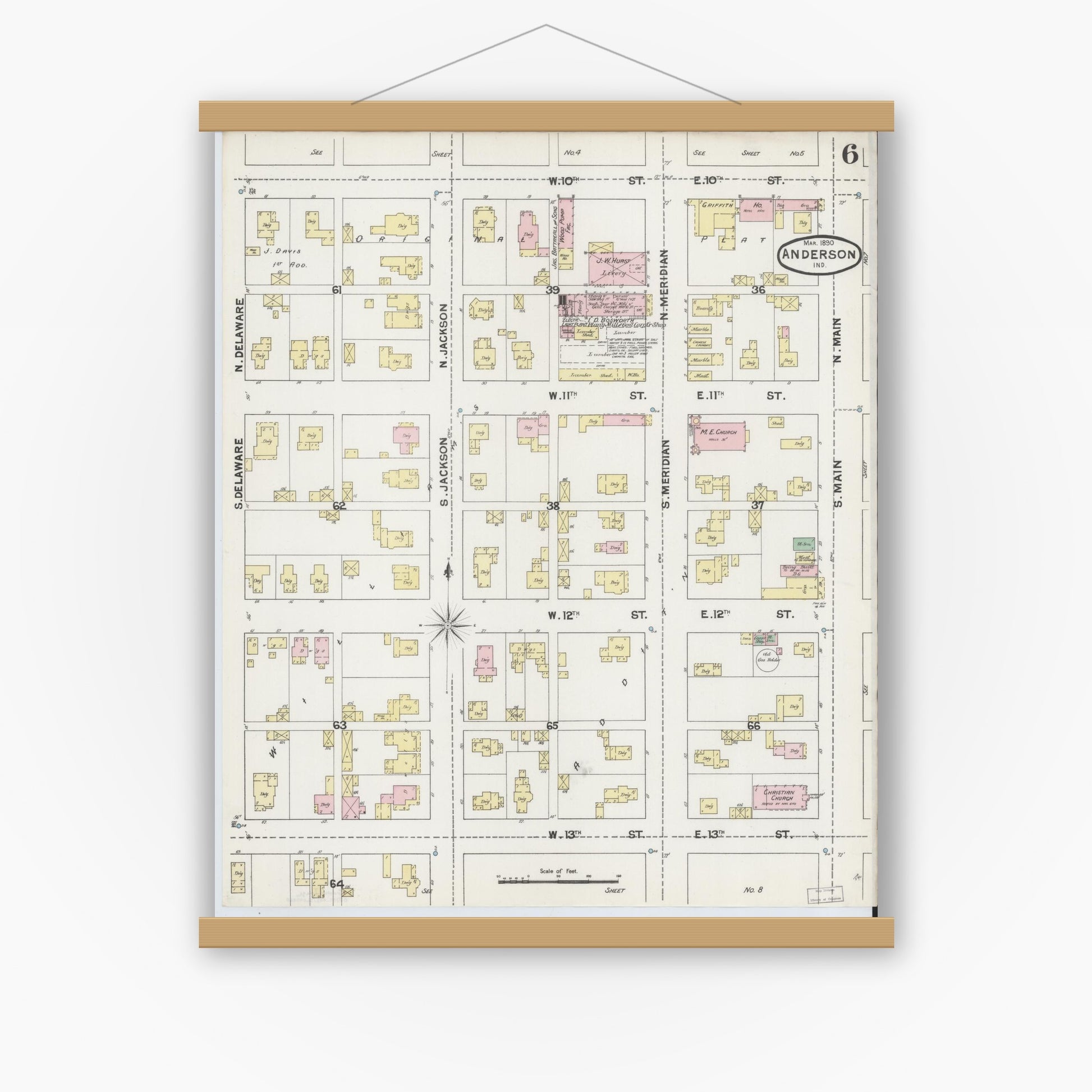Old map wall art mockup — magnetic wood frame on white wall — Sanborn Fire Insurance Map from Anderson, Madison County, Indiana (1890), Sheet #0006