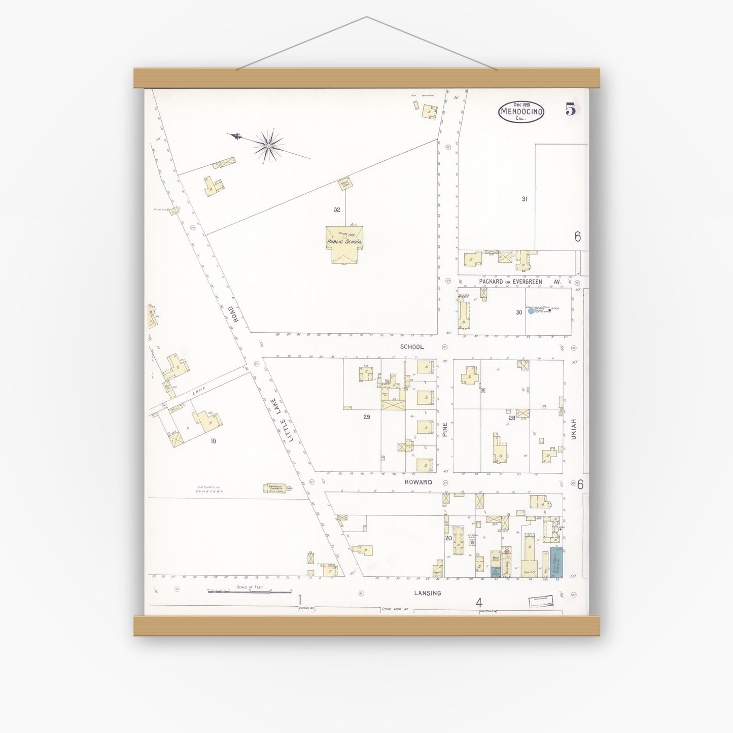 Old map wall art mockup — magnetic wood frame on white wall — Sanborn Fire Insurance Map from Mendocino, Mendocino County, California (1898), Sheet #0005