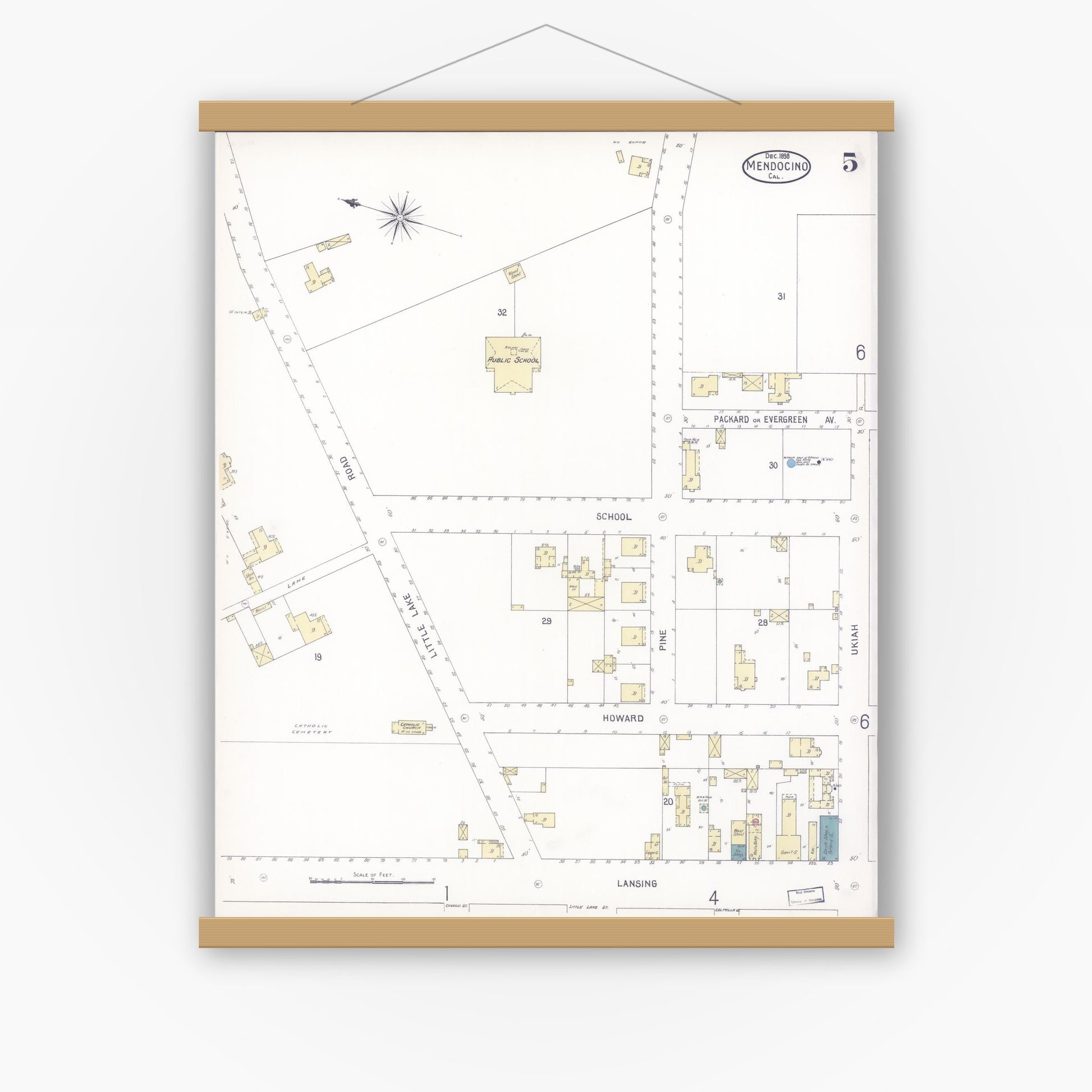 Old map wall art mockup — magnetic wood frame on white wall — Sanborn Fire Insurance Map from Mendocino, Mendocino County, California (1898), Sheet #0005