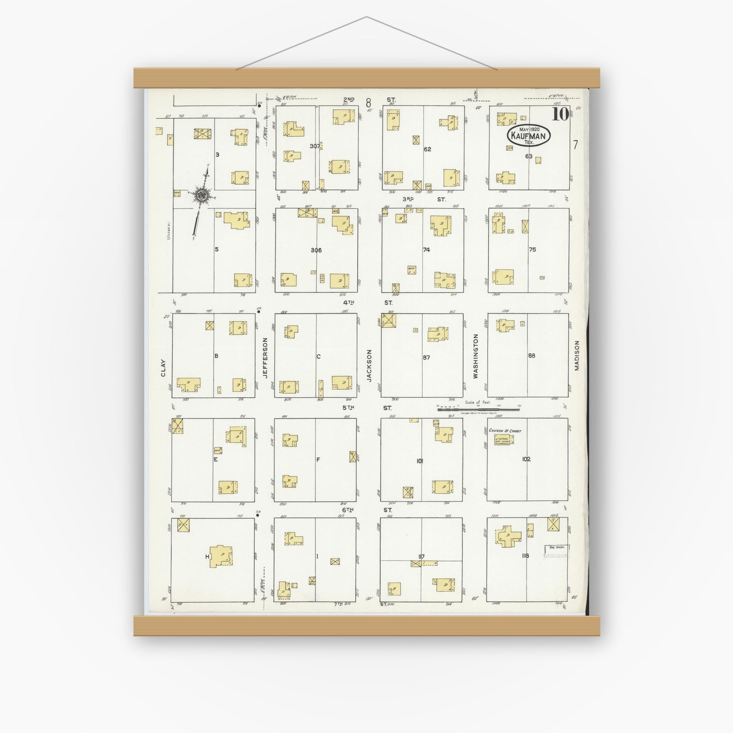 Old map wall art mockup — magnetic wood frame on white wall — Sanborn Fire Insurance Map from Kaufman, Kaufman County, Texas (1920), Sheet #0010