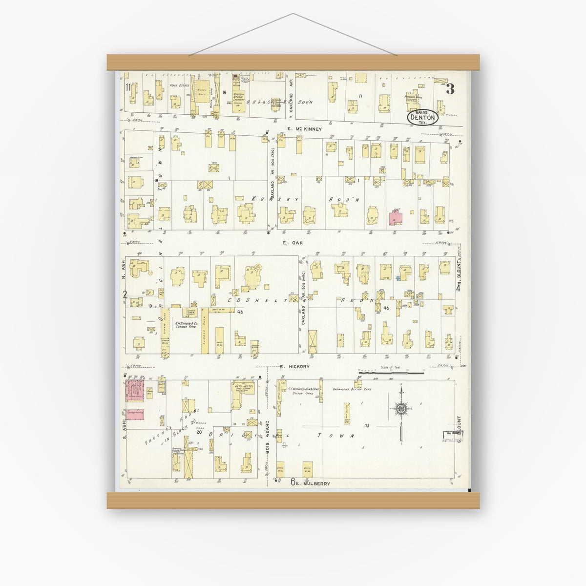 Old map wall art mockup — magnetic wood frame on white wall — Sanborn Fire Insurance Map from Denton, Denton County, Texas (1912), Sheet #0003