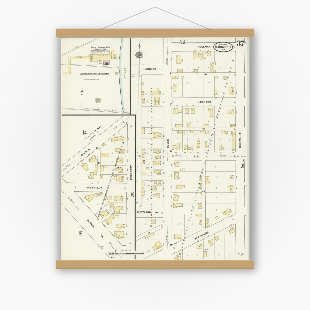 Old map wall art mockup — magnetic wood frame on white wall — Sanborn Fire Insurance Map from Marinette, Marinette County, Wisconsin (1910), Sheet #0037