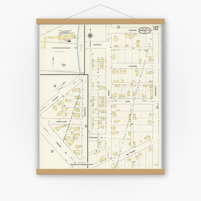Old map wall art mockup — magnetic wood frame on white wall — Sanborn Fire Insurance Map from Marinette, Marinette County, Wisconsin (1910), Sheet #0037