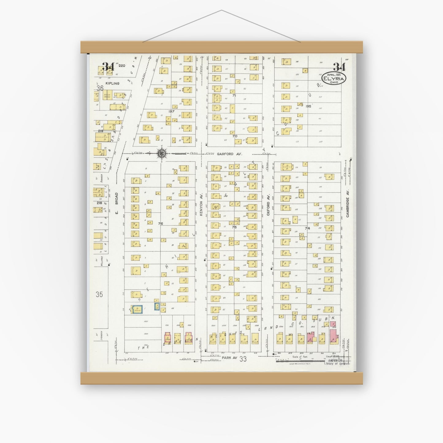 Old map wall art mockup — magnetic wood frame on white wall — Sanborn Fire Insurance Map from Elyria, Lorain County, Ohio (1925), Sheet #0034