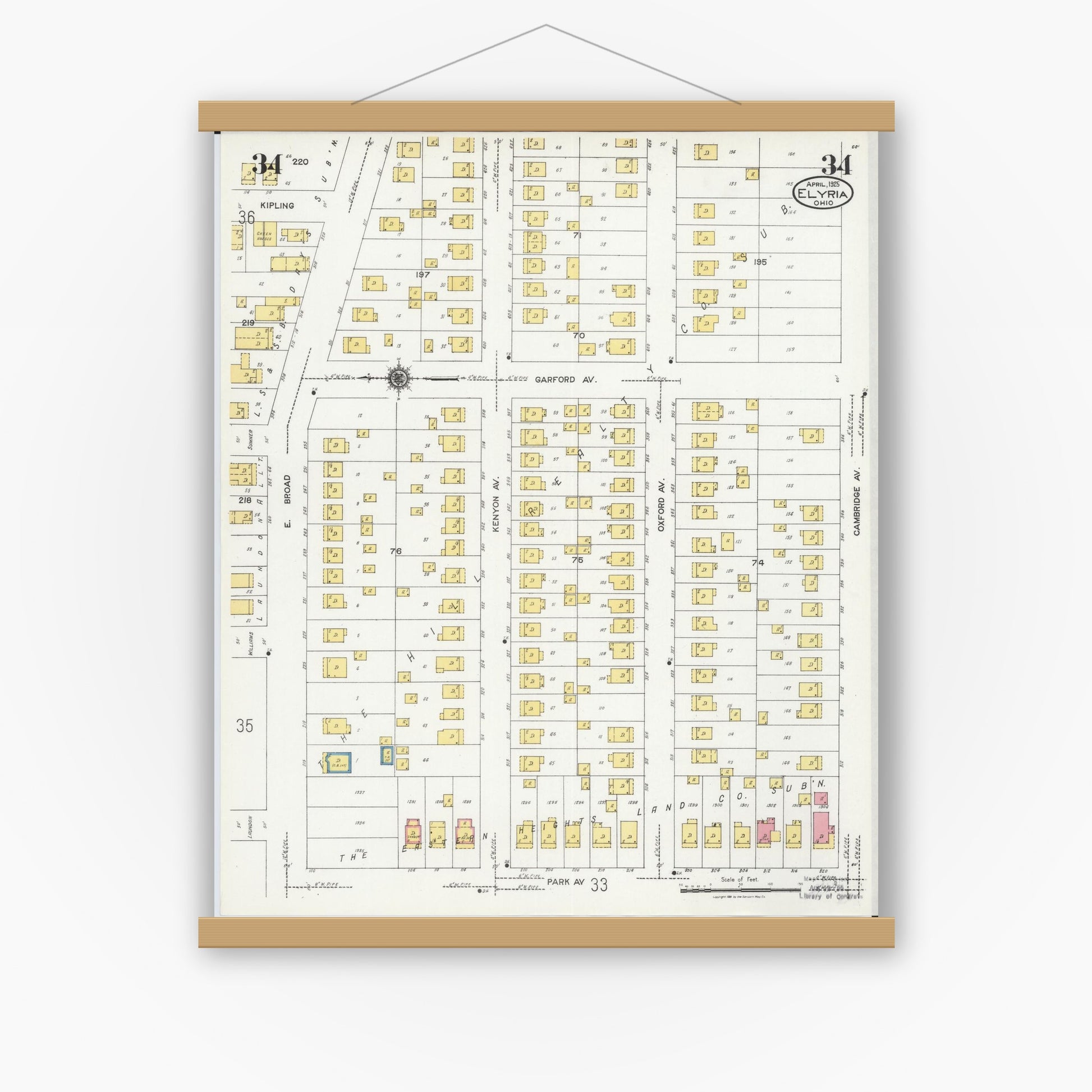 Old map wall art mockup — magnetic wood frame on white wall — Sanborn Fire Insurance Map from Elyria, Lorain County, Ohio (1925), Sheet #0034