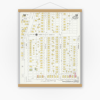 Old map wall art mockup — magnetic wood frame on white wall — Sanborn Fire Insurance Map from Elyria, Lorain County, Ohio (1925), Sheet #0034