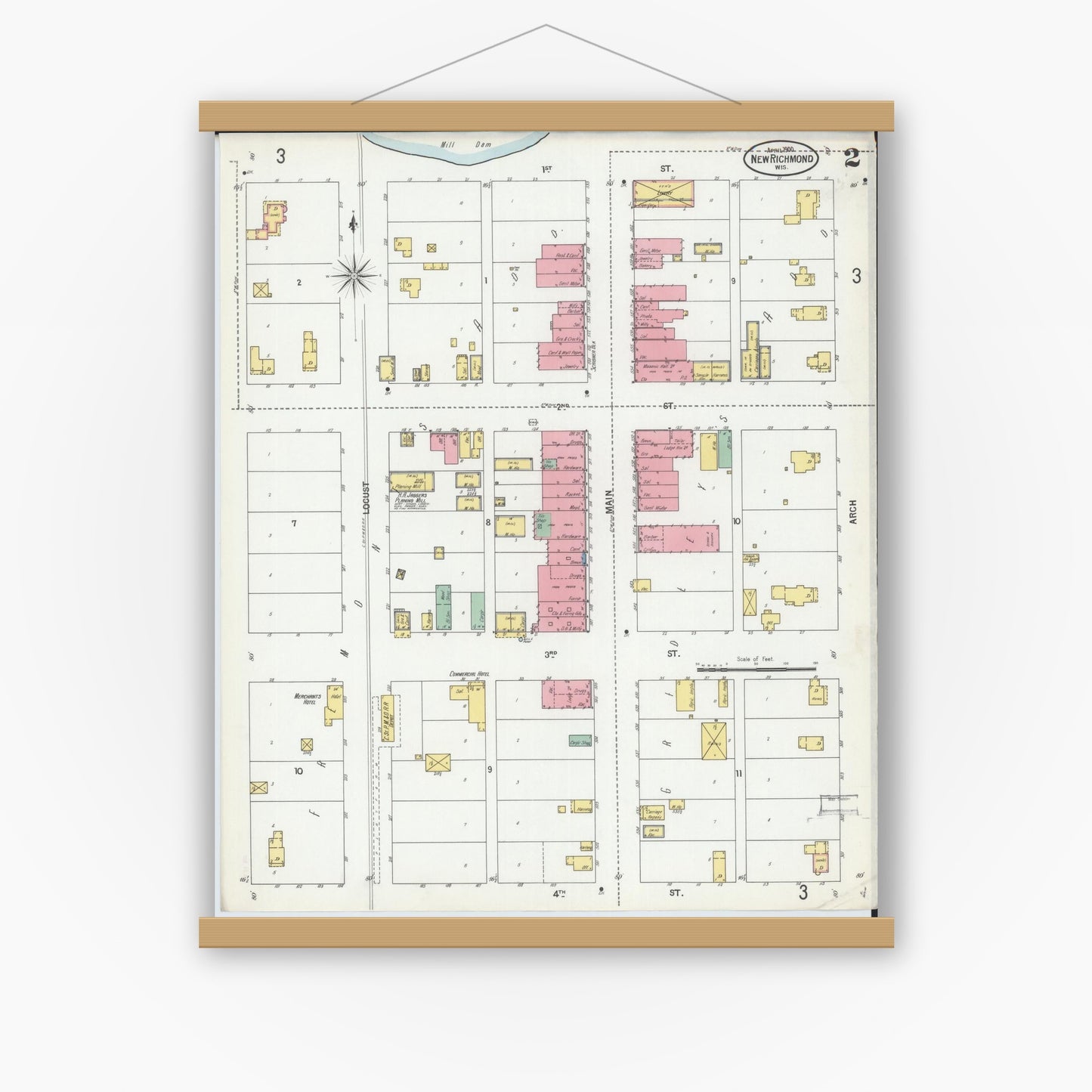 Old map wall art mockup — magnetic wood frame on white wall — Sanborn Fire Insurance Map from New Richmond, St. Croix County, Wisconsin (1900), Sheet #0002