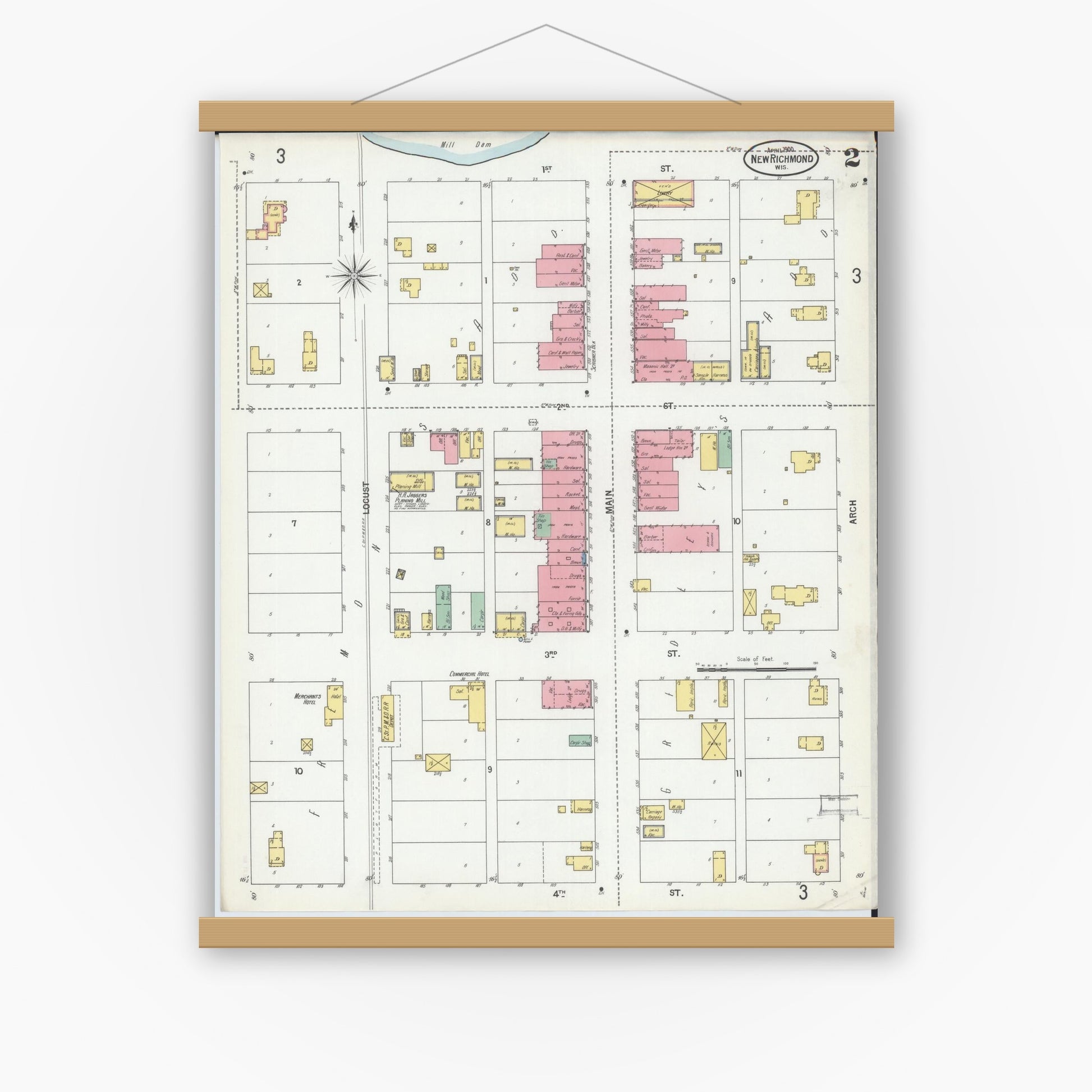 Old map wall art mockup — magnetic wood frame on white wall — Sanborn Fire Insurance Map from New Richmond, St. Croix County, Wisconsin (1900), Sheet #0002