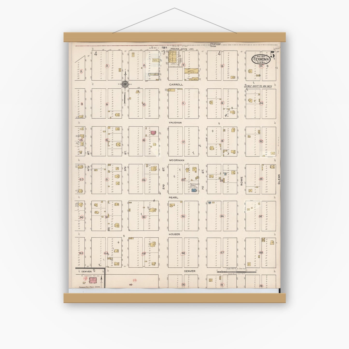 Old map wall art mockup — magnetic wood frame on white wall — Sanborn Fire Insurance Map from Texhoma, Texas County, Oklahoma and Sherman County, Texas, Texas (1930), Sheet #0005