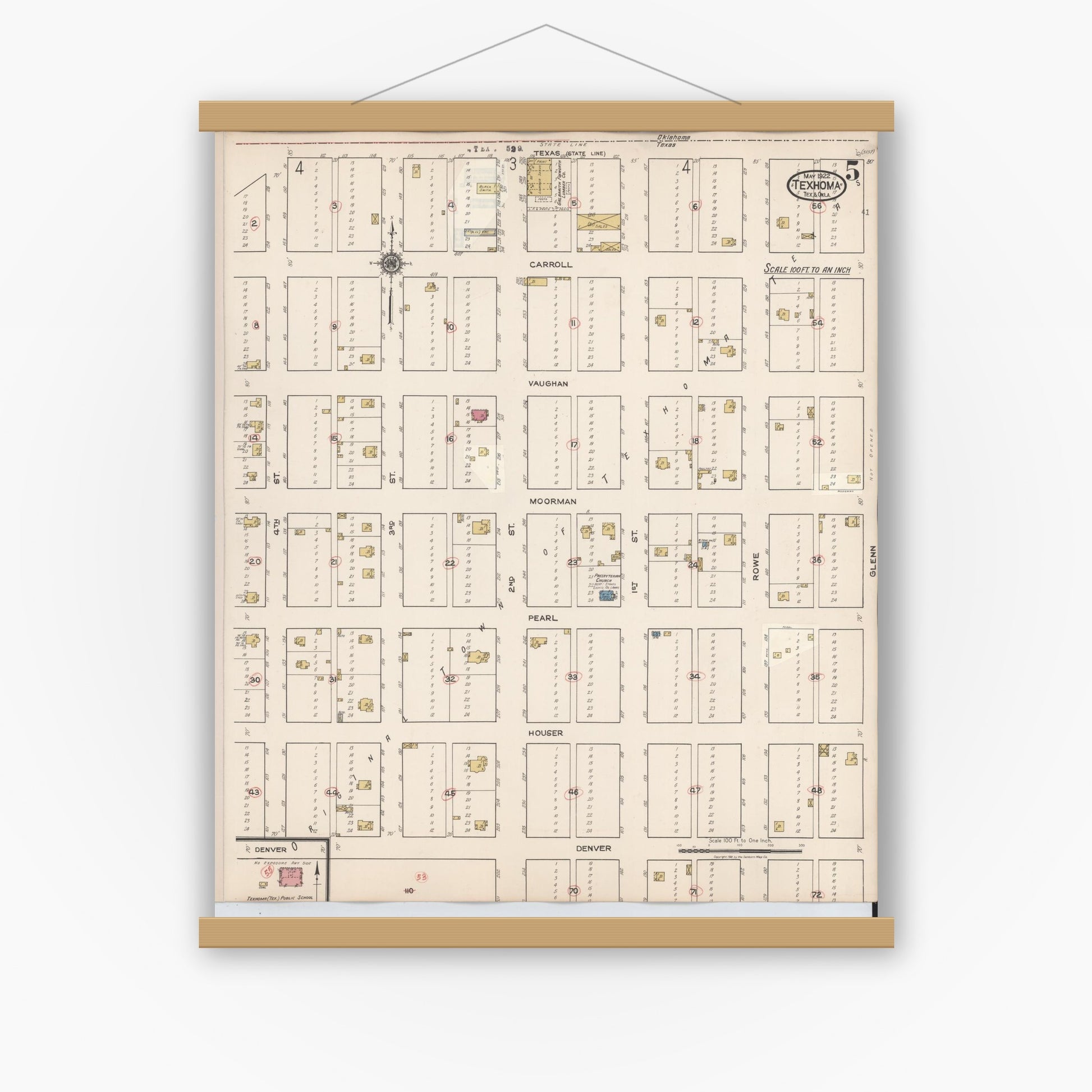 Old map wall art mockup — magnetic wood frame on white wall — Sanborn Fire Insurance Map from Texhoma, Texas County, Oklahoma and Sherman County, Texas, Texas (1930), Sheet #0005