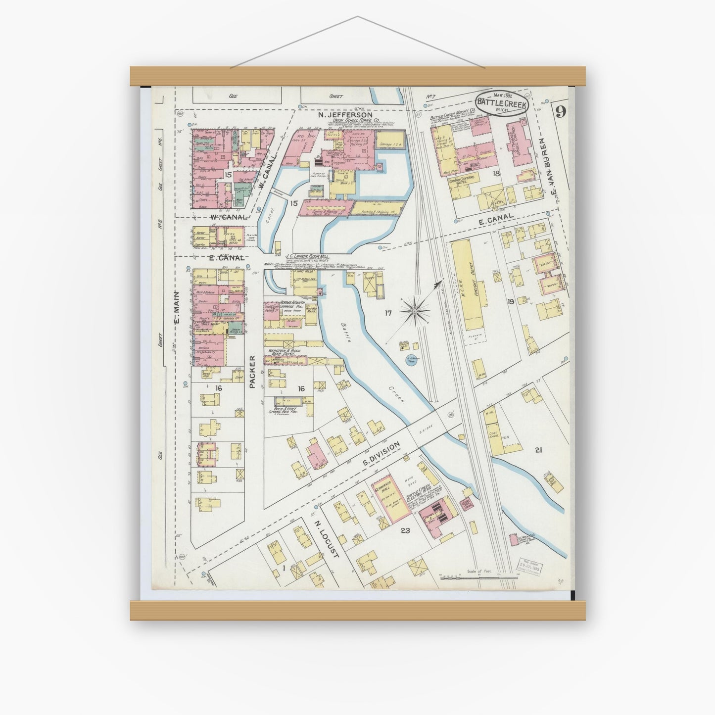 Old map wall art mockup — magnetic wood frame on white wall — Sanborn Fire Insurance Map from Battle Creek, Calhoun County, Michigan (1892), Sheet #0009