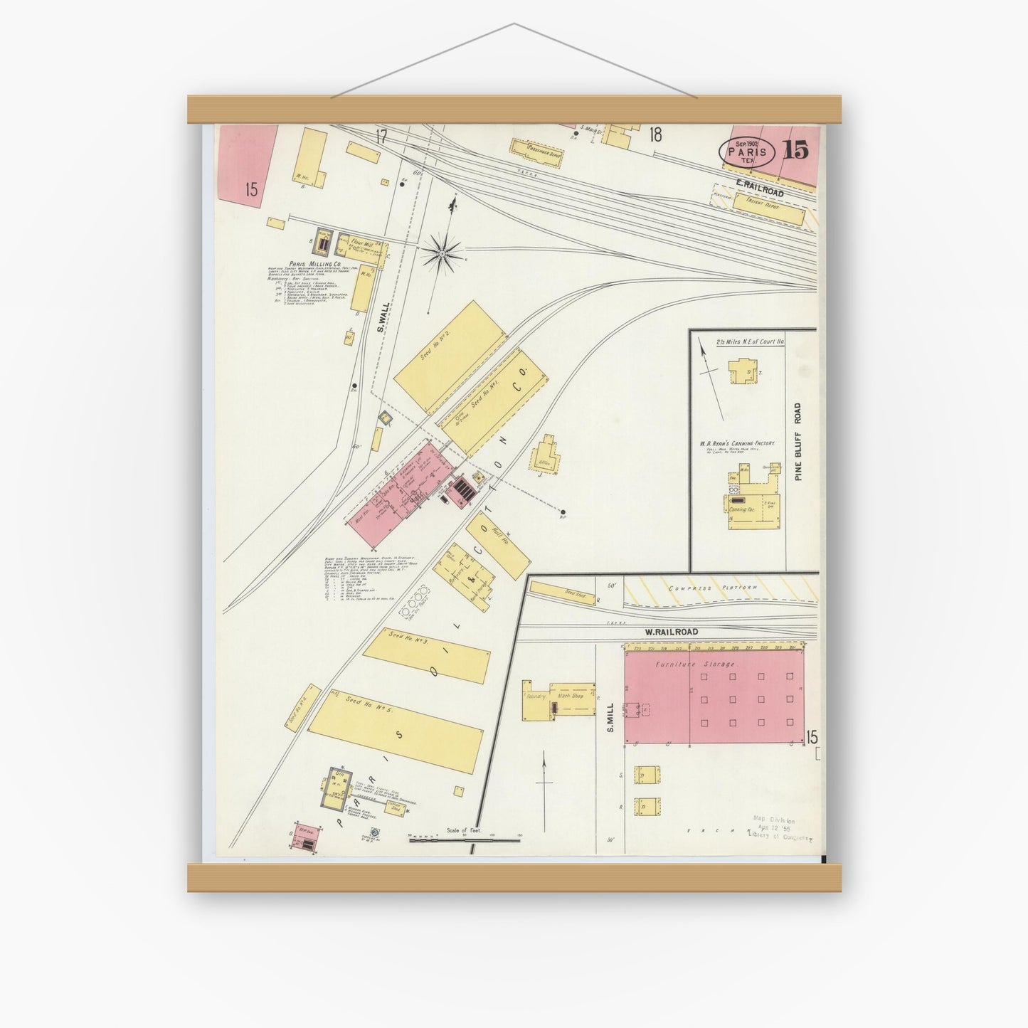 Old map wall art mockup — magnetic wood frame on white wall — Sanborn Fire Insurance Map from Paris, Lamar County, Texas (1902), Sheet #0015