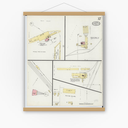 Old map wall art mockup — magnetic wood frame on white wall — Sanborn Fire Insurance Map from Cadillac, Wexford County, Michigan (1895), Sheet #0017