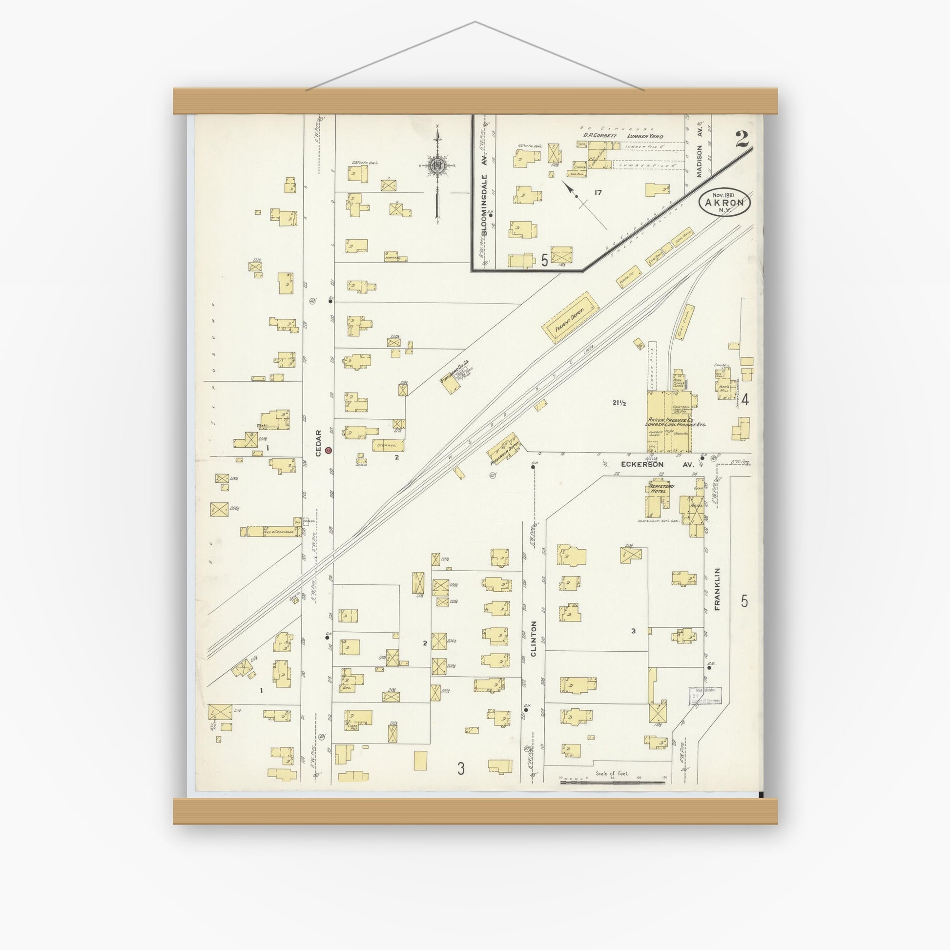 Old map wall art mockup — magnetic wood frame on white wall — Sanborn Fire Insurance Map from Akron, Erie County, New York (1910), Sheet #0002