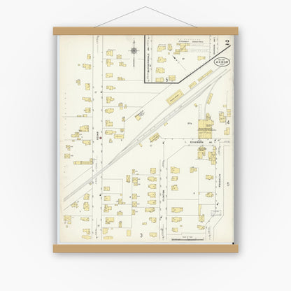 Old map wall art mockup — magnetic wood frame on white wall — Sanborn Fire Insurance Map from Akron, Erie County, New York (1910), Sheet #0002