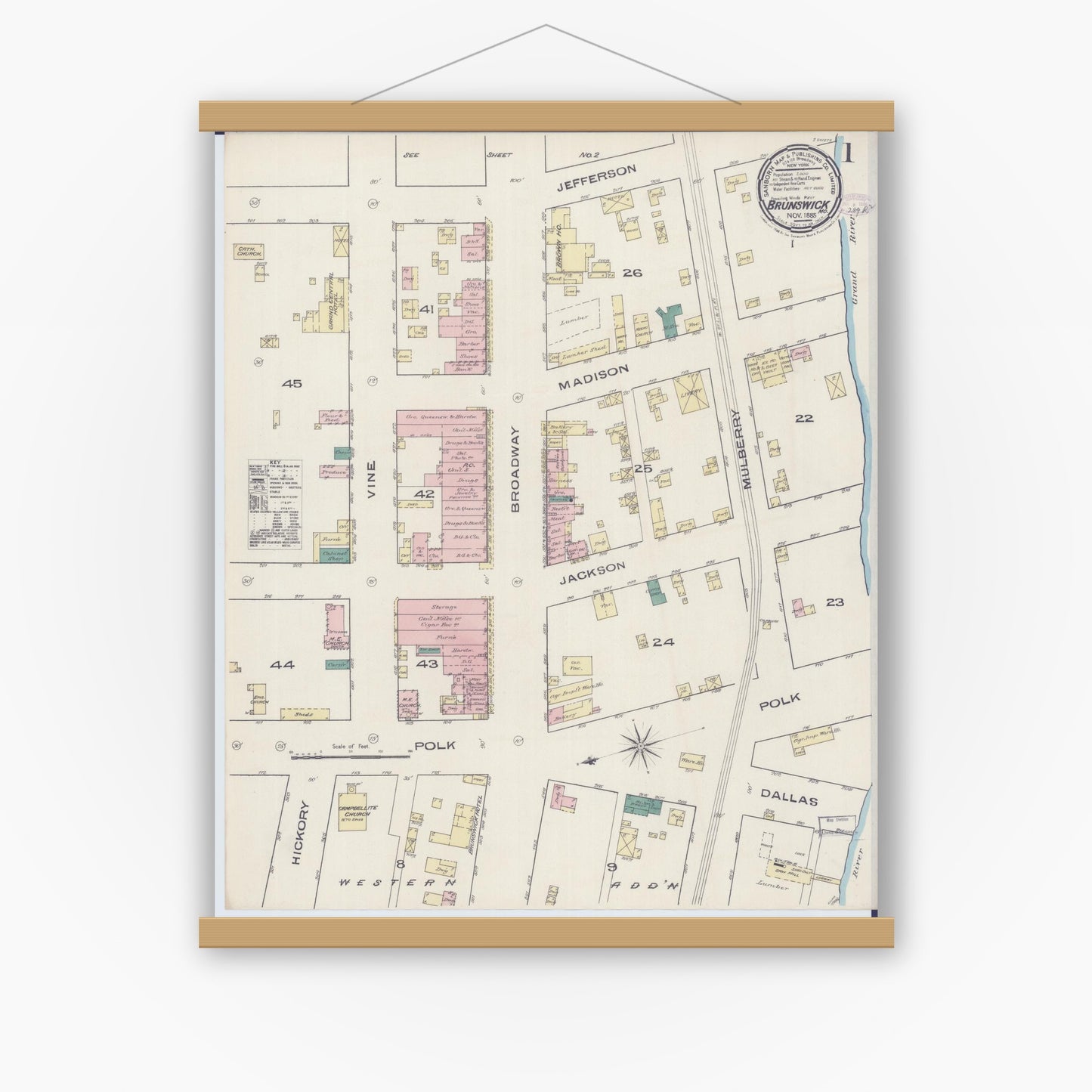 Old map wall art mockup — magnetic wood frame on white wall — Sanborn Fire Insurance Map from Brunswick, Chariton County, Missouri (1885) - Complete Map Set