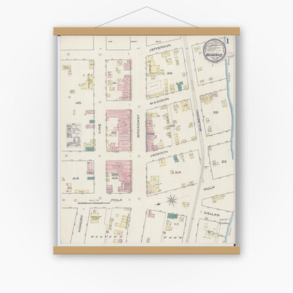 Old map wall art mockup — magnetic wood frame on white wall — Sanborn Fire Insurance Map from Brunswick, Chariton County, Missouri (1885) - Complete Map Set