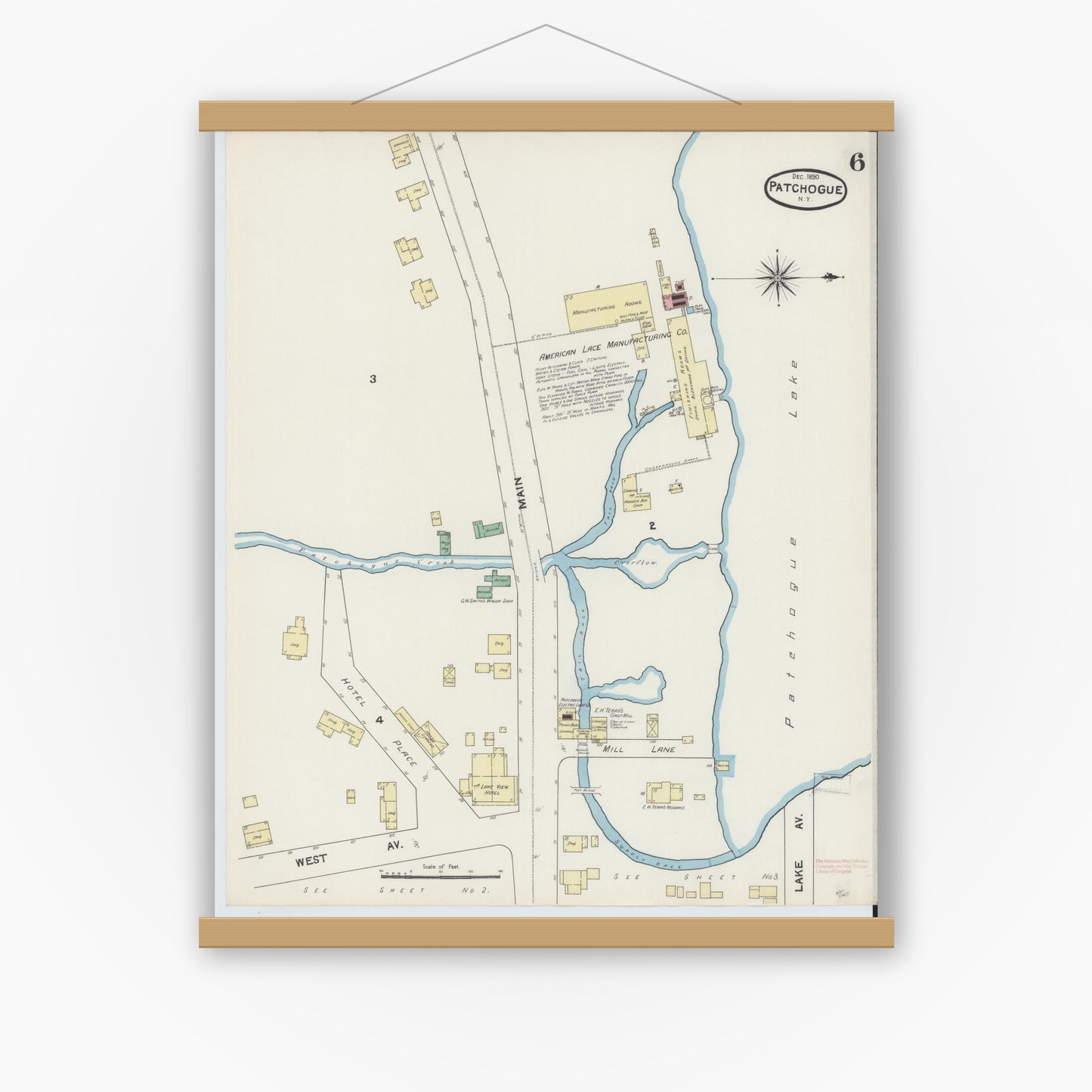 Old map wall art mockup — magnetic wood frame on white wall — Sanborn Fire Insurance Map from Patchogue, Suffolk County, New York (1891), Sheet #0006
