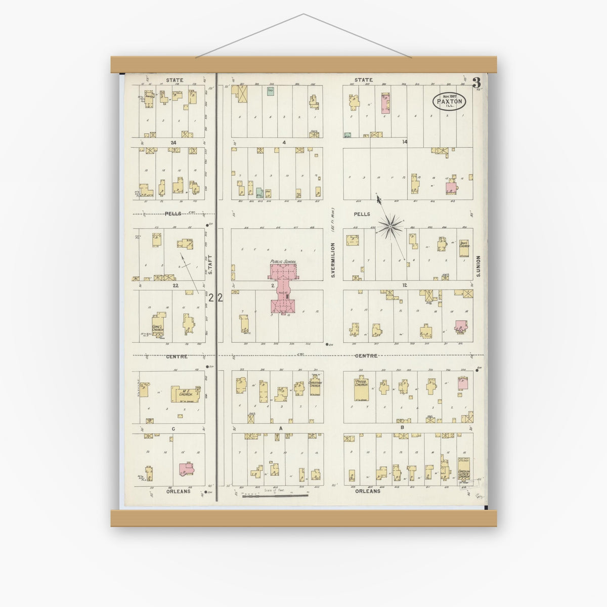 Old map wall art mockup — magnetic wood frame on white wall — Sanborn Fire Insurance Map from Paxton, Ford County, Illinois (1897), Sheet #0003
