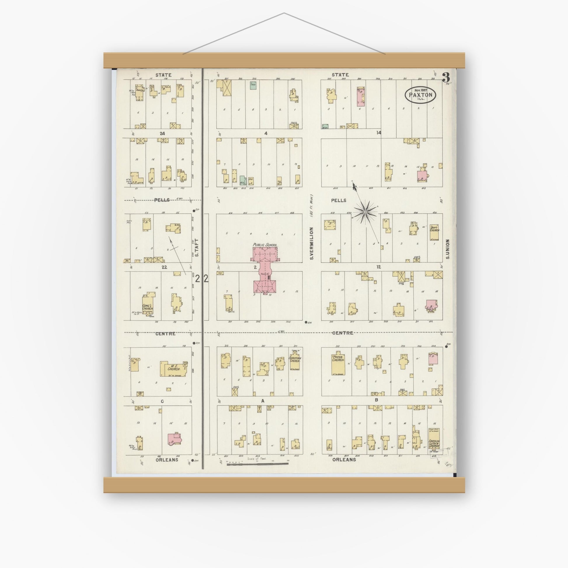 Old map wall art mockup — magnetic wood frame on white wall — Sanborn Fire Insurance Map from Paxton, Ford County, Illinois (1897), Sheet #0003