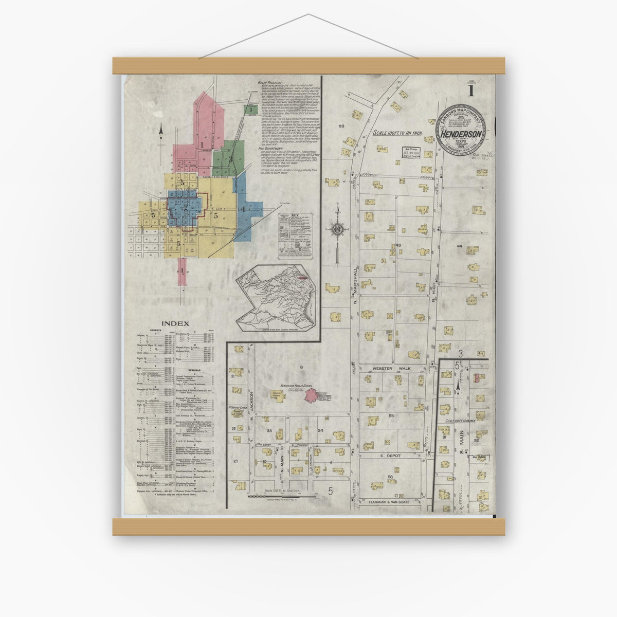 Old map wall art mockup — magnetic wood frame on white wall — Sanborn Fire Insurance Map from Henderson, Rusk County, Texas (1919), Sheet #0001