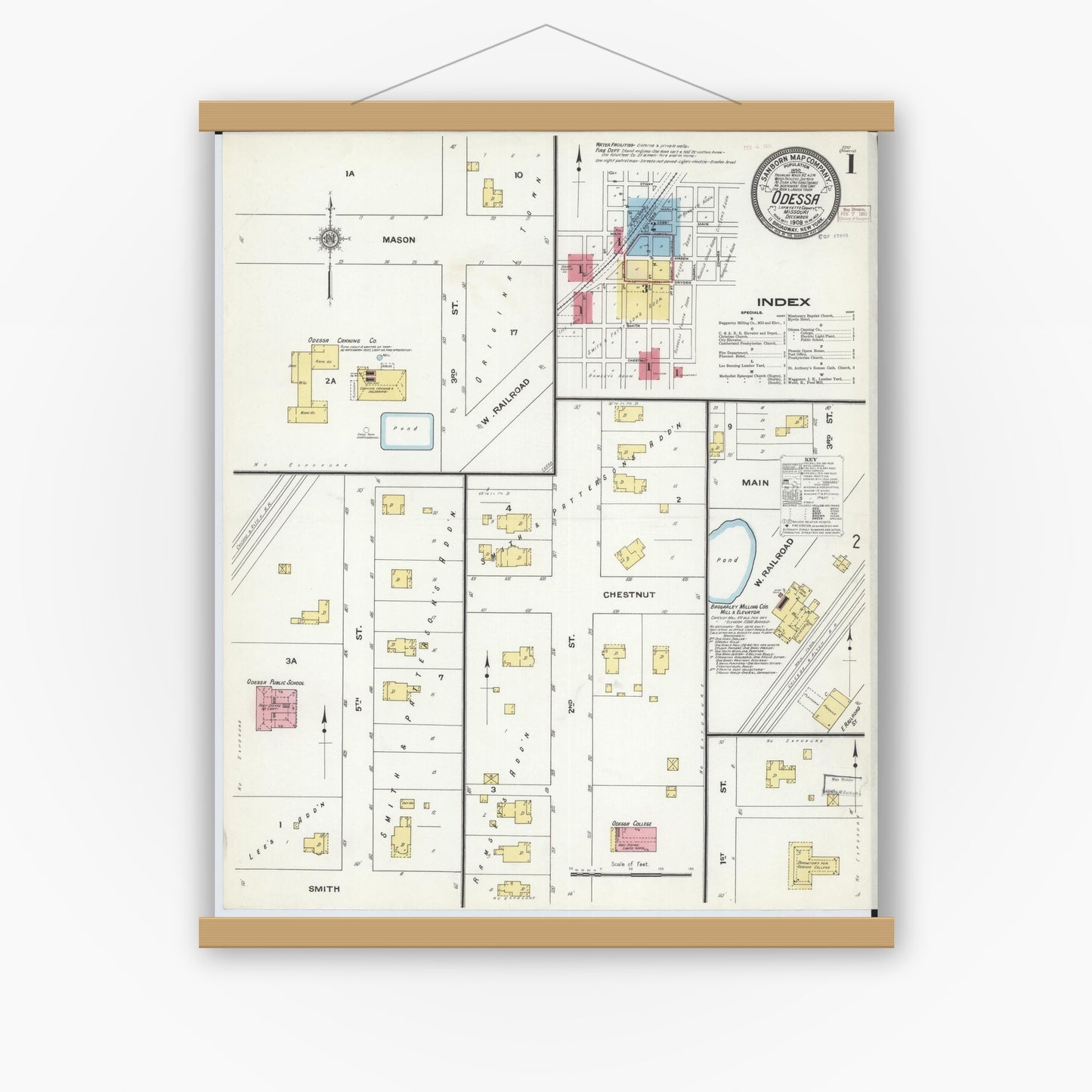 Old map wall art mockup — magnetic wood frame on white wall — Sanborn Fire Insurance Map from Odessa, Lafayette County, Missouri (1909) - Complete Map Set