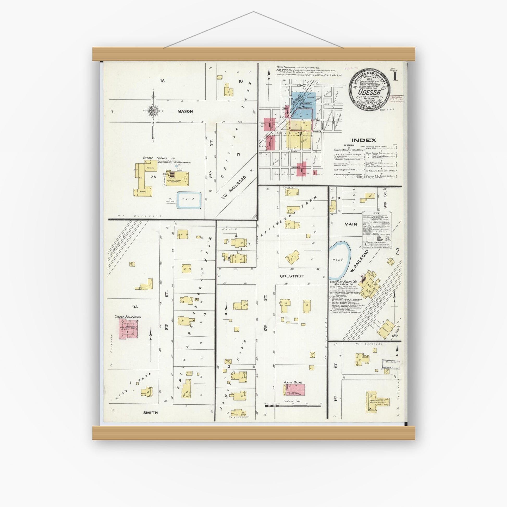Old map wall art mockup — magnetic wood frame on white wall — Sanborn Fire Insurance Map from Odessa, Lafayette County, Missouri (1909) - Complete Map Set