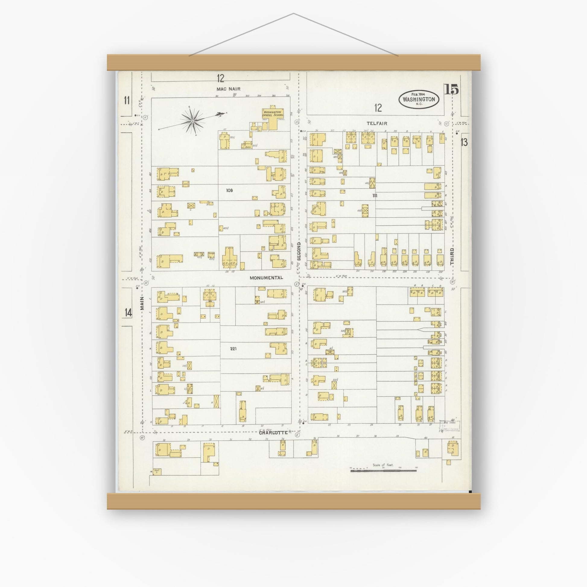 Old map wall art mockup — magnetic wood frame on white wall — Sanborn Fire Insurance Map from Washington, Beaufort County, North Carolina (1904), Sheet #0015