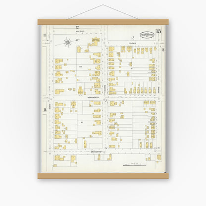 Old map wall art mockup — magnetic wood frame on white wall — Sanborn Fire Insurance Map from Washington, Beaufort County, North Carolina (1904), Sheet #0015