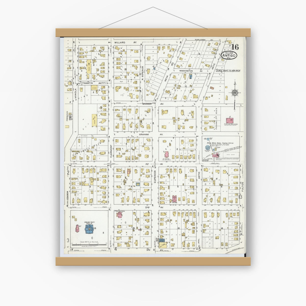 Old map wall art mockup — magnetic wood frame on white wall — Sanborn Fire Insurance Map from Antigo, Langlade County, Wisconsin (1919), Sheet #0016
