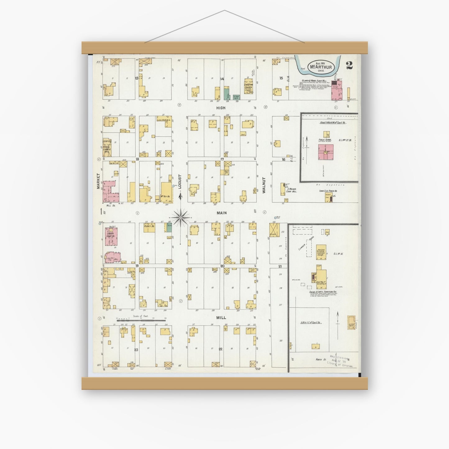 Old map wall art mockup — magnetic wood frame on white wall — Sanborn Fire Insurance Map from McArthur, Vinton County, Ohio (1901), Sheet #0002